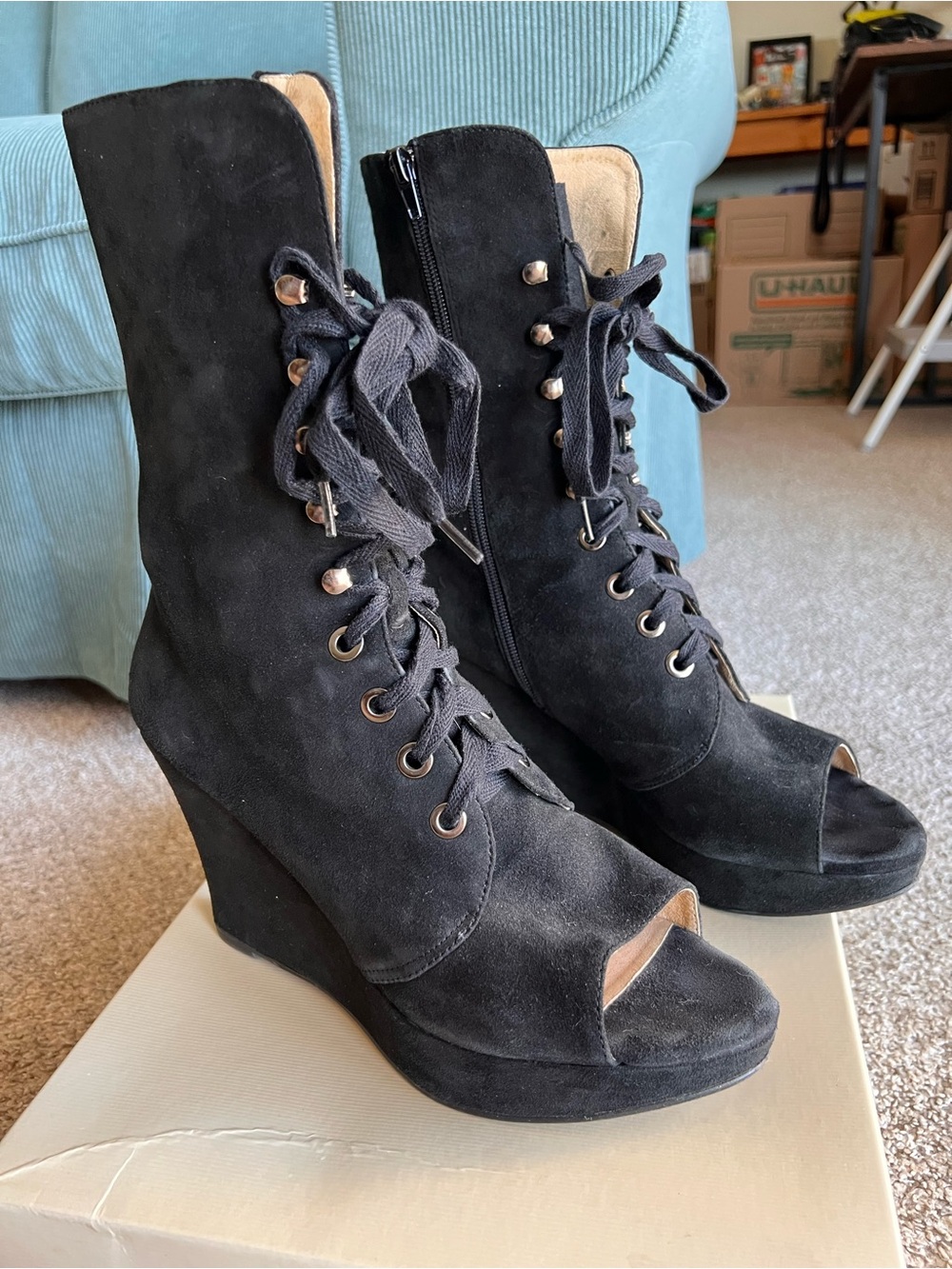 42 All Black lace up suede wedge peep toe bootie